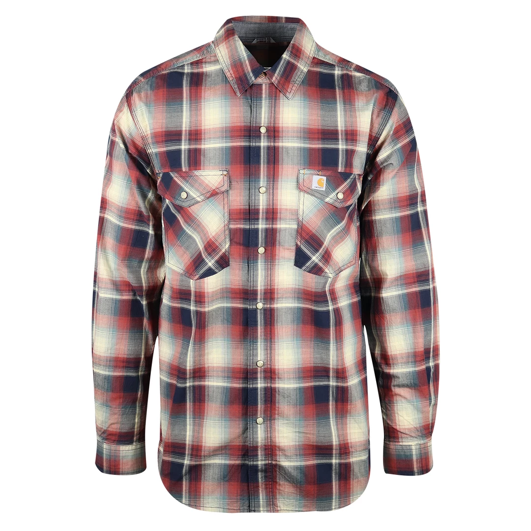 Carhartt Men's Red Navy Cream Plaid Relaxed Fit Snap Front L/S Woven Shirt (S18) New Arrivals 3 Carhartt Men's Red Navy Cream Plaid Relaxed Fit Snap Front L/S Woven Shirt (S18) New Arrivals
