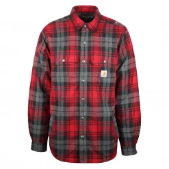 Carhartt Men's Bright Red, Black, Gray Plaid Snap Front Sherpa-Lined L/S Jacket
