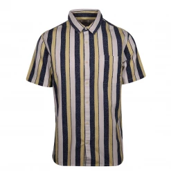 Quiksilver Men's Navy Yellow White Vertical Striped S/S Woven Shirt (S01)