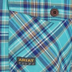 Ariat Men's Aqua Blue Plaid Ventek Rebar S/S Woven Shirt (242)