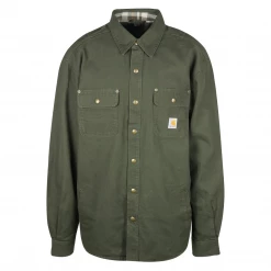 Carhartt Men's Olive Green Flannel Lined Snap On Button Collared L/S Jacket Mens