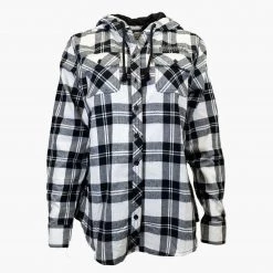 Harley-Davidson Women's White Black Plaid Hooded Flannel Shirt (S01)