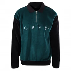 Obey Men's Forrest Green Black Velour 1/4 Zip L/S Polo Sweater New Arrivals