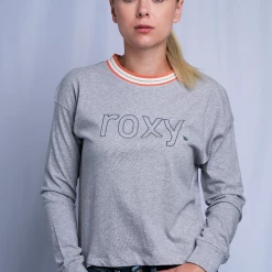 Roxy Women's Heather Grey Orange Crew Neck L/S T-Shirt (S01)