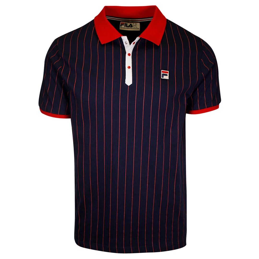 FILA Men's Navy Red Striped Snap On F-Box S/S Polo T-Shirt (S43) 3 FILA Men's Navy Red Striped Snap On F-Box S/S Polo T-Shirt (S43)
