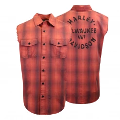 Spotted Clothing Sales 34 Harley-Davidson Men's Coral Grapefruit Plaid Sleeveless Vest (S02)