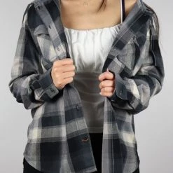 Carhartt Women's Black Charcoal Grey Plaid Hooded L/S Woven Shirt