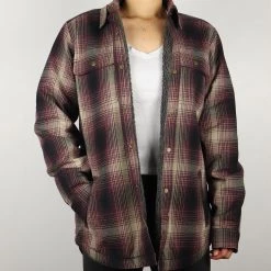 Carhartt Women's Wine Black Cream Plaid Snap On Button Sherpa Lined Shirt Jacket