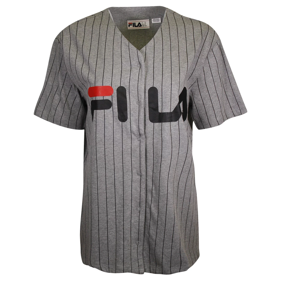 FILA Women's Grey Striped Button-Down S/S V-Neck T-Shirt (S07) 3 FILA Women's Grey Striped Button-Down S/S V-Neck T-Shirt (S07)