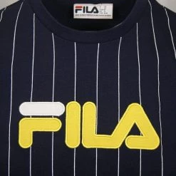 FILA Men's Navy Blue & White Striped Yellow Logo S/S T-Shirt (166) (Size S)