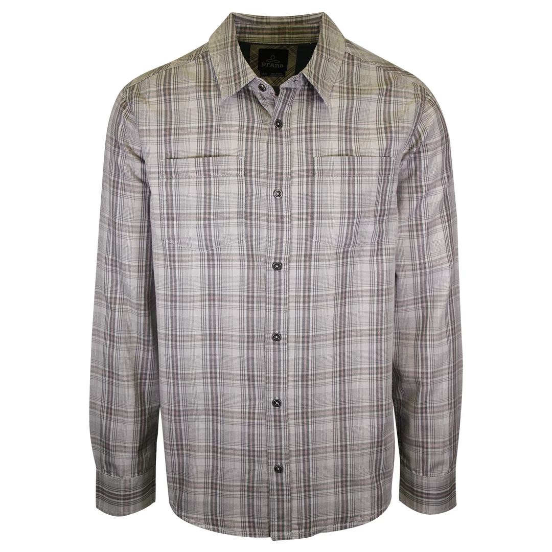 PrAna Men's Light Grey Maroon Plaid L/S Woven Shirt (S52) 3 PrAna Men's Light Grey Maroon Plaid L/S Woven Shirt (S52)