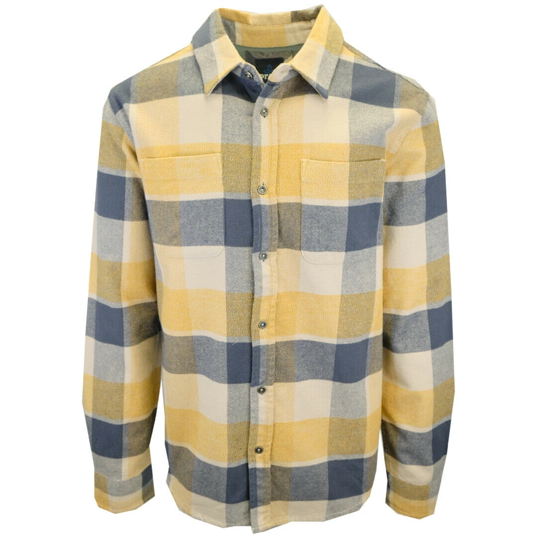 PrAna Men's Navy Yellow Beige Plaid L/S Flannel Shirt (S01) 3 PrAna Men's Navy Yellow Beige Plaid L/S Flannel Shirt (S01)