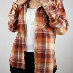 Flannels Carhartt Women's Barn Red Orange Beige Plaid Hooded L/S Woven Shirt