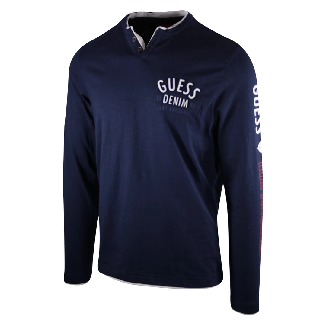 Mens Guess Men's Navy Culkin Slit Henley L/S T-Shirt (Size S & M) 4 Mens Guess Men's Navy Culkin Slit Henley L/S T-Shirt (Size S & M)