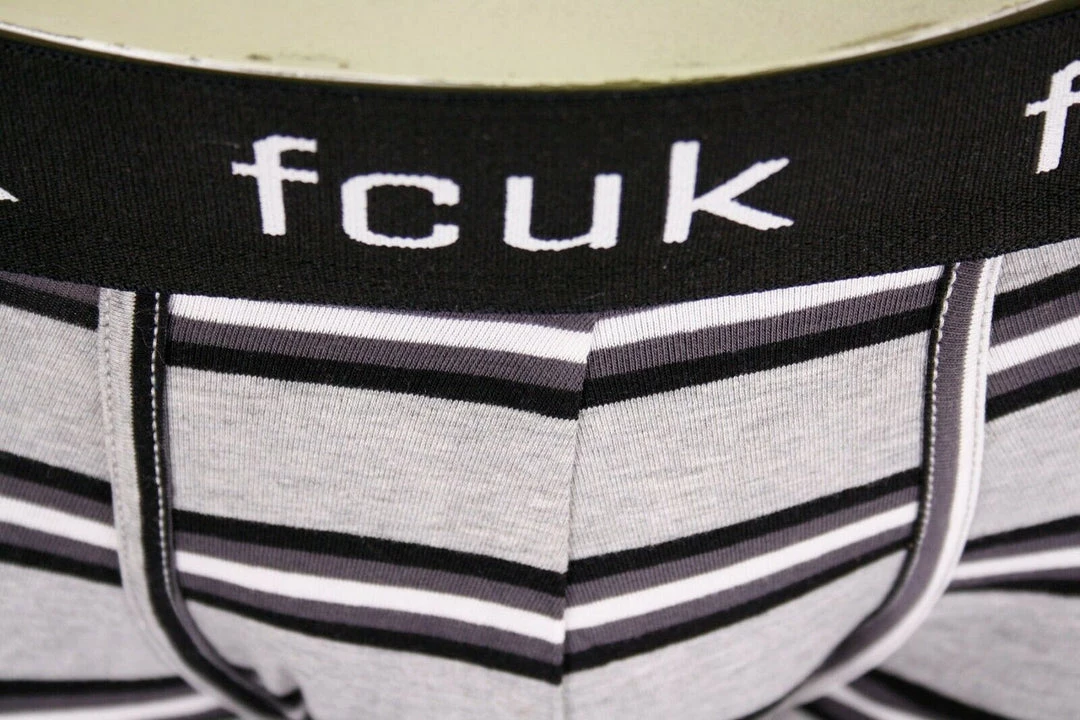 FCUK Men's 3 Pack Grey Black White Stripes W/ Black Strap Boxer Briefs (S16) Mens 6 FCUK Men's 3 Pack Grey Black White Stripes W/ Black Strap Boxer Briefs (S16) Mens