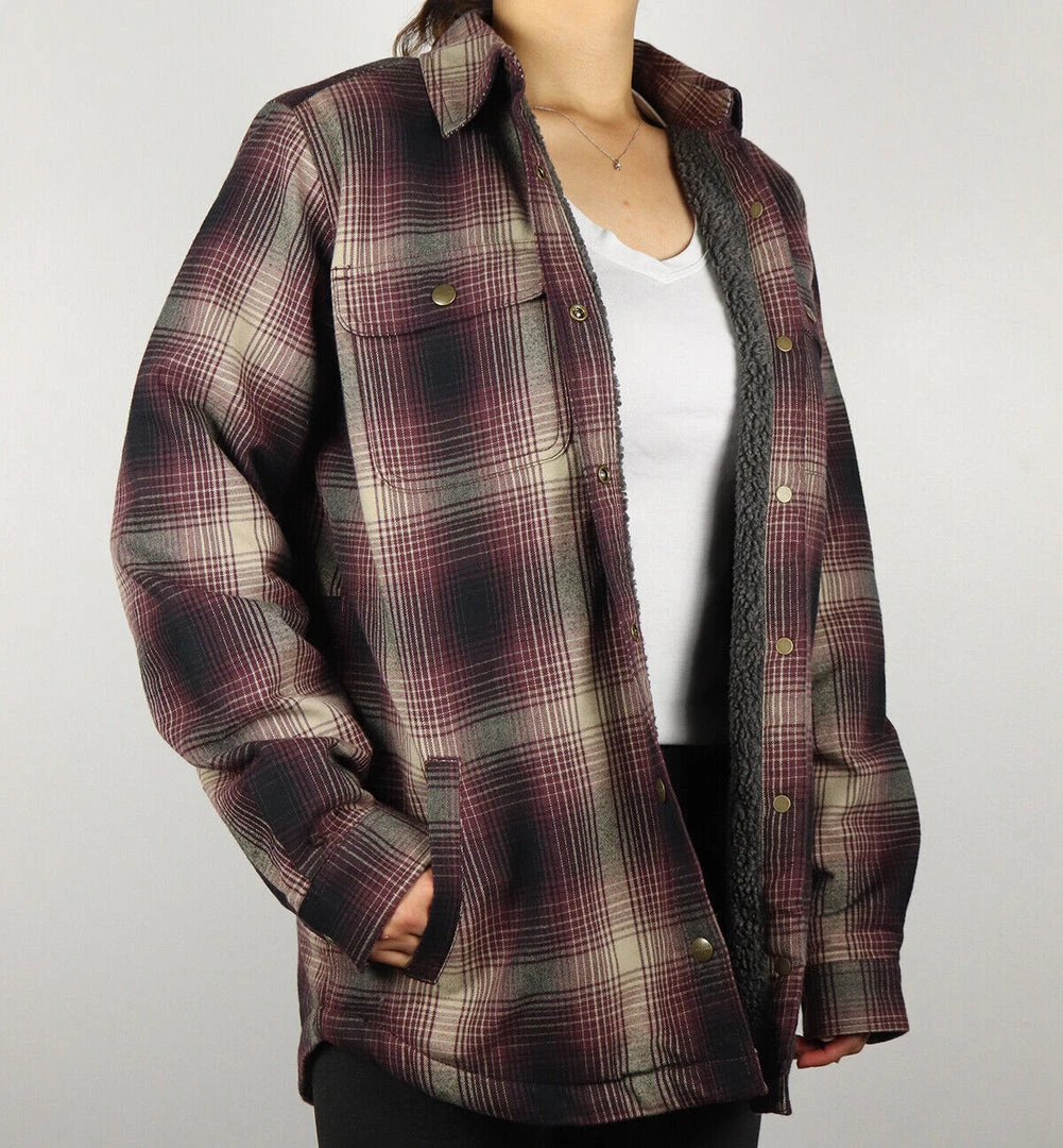 Carhartt Women's Wine Black Cream Plaid Snap On Button Sherpa Lined Shirt Jacket 6 Carhartt Women's Wine Black Cream Plaid Snap On Button Sherpa Lined Shirt Jacket