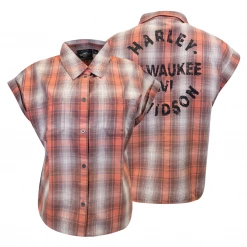 Harley-Davidson Women's Red Orange Ombre Plaid S/S Woven Shirt Vest (S03)