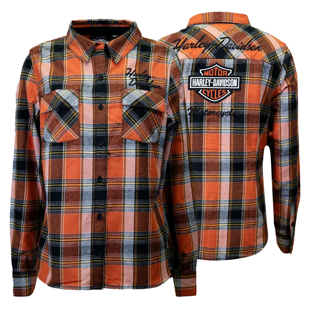 Harley-Davidson Women's Orange Black Yellow Plaid L/S Woven Shirt (S01) 3 Harley-Davidson Women's Orange Black Yellow Plaid L/S Woven Shirt (S01)