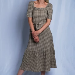 Levi's Women's Light Brown Black Boat Neck Plaid S/S Wrap Dress