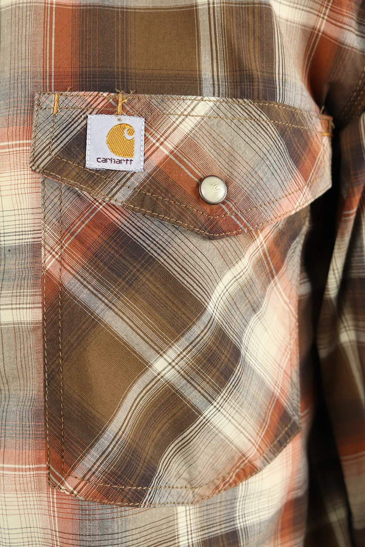 Carhartt Men's Brown Autumn Orange Cream Plaid Snap Front L/S Woven Shirt (S04) New Arrivals 6 Carhartt Men's Brown Autumn Orange Cream Plaid Snap Front L/S Woven Shirt (S04) New Arrivals