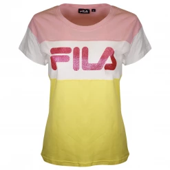FILA Women's Pink & Yellow Three-Tone Glittered Logo S/S T-Shirt (S11)