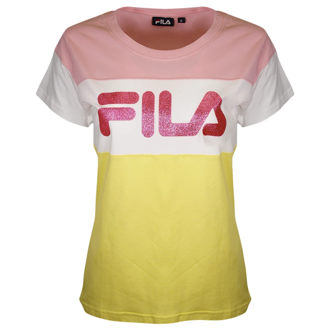 FILA Women's Pink & Yellow Three-Tone Glittered Logo S/S T-Shirt (S11) 3 FILA Women's Pink & Yellow Three-Tone Glittered Logo S/S T-Shirt (S11)