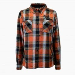 Harley-Davidson Women's Orange Black Yellow Plaid L/S Woven Shirt (S01) 12 Harley-Davidson Women's Orange Black Yellow Plaid L/S Woven Shirt (S01)