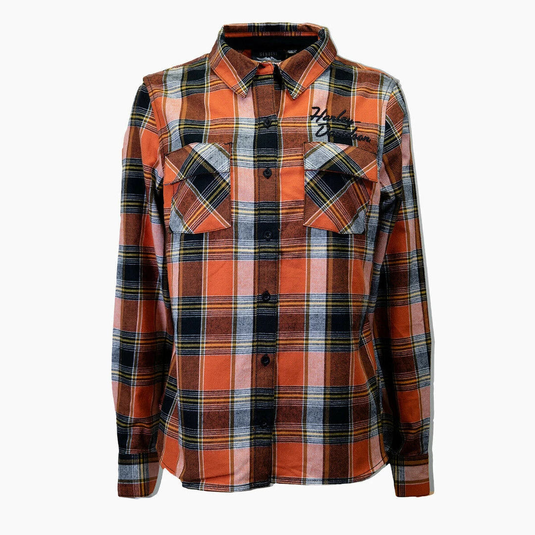 Harley-Davidson Women's Orange Black Yellow Plaid L/S Woven Shirt (S01) 4 Harley-Davidson Women's Orange Black Yellow Plaid L/S Woven Shirt (S01)