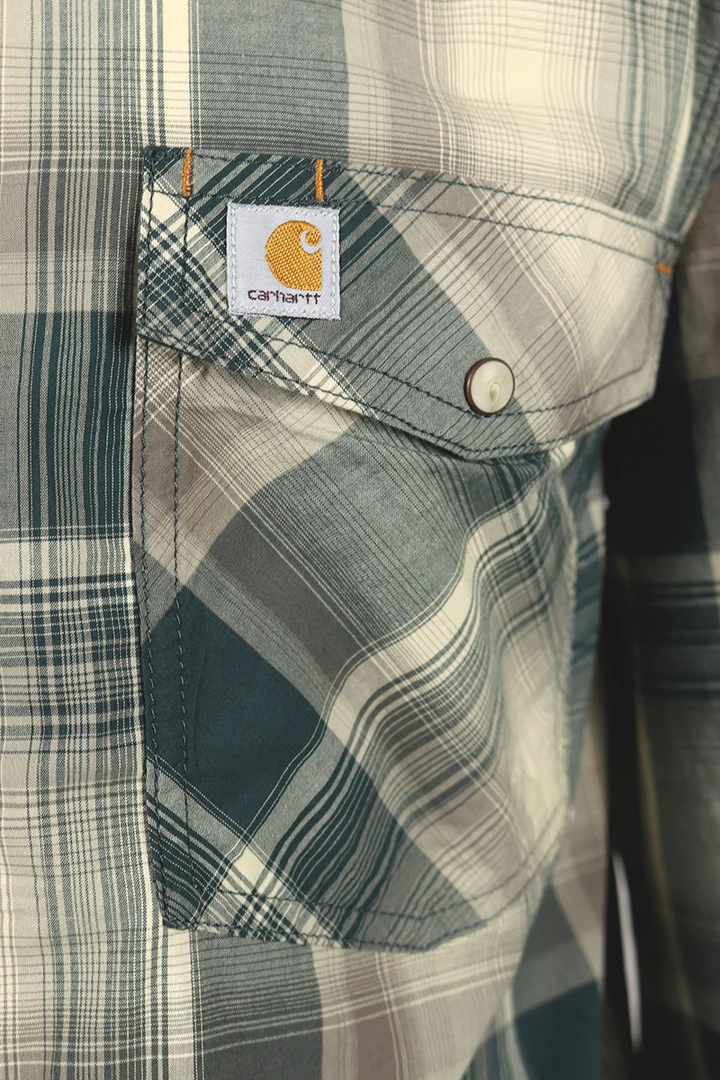 Carhartt Men's Forrest Green Cream Plaid Snap Front L/S Woven Shirt (S16) 6 Carhartt Men's Forrest Green Cream Plaid Snap Front L/S Woven Shirt (S16)
