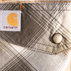 New Arrivals Carhartt Men's Gold Brown Olive Green Plaid Snap-Front S/S Woven Shirt (S13)