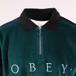 Obey Men's Forrest Green Black Velour 1/4 Zip L/S Polo Sweater New Arrivals