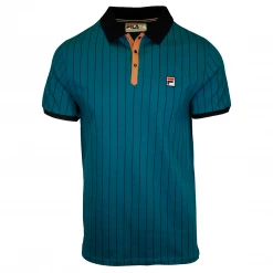 FILA Men's Teal Brown Striped Snap On F-Box S/S Polo T-Shirt (S37)