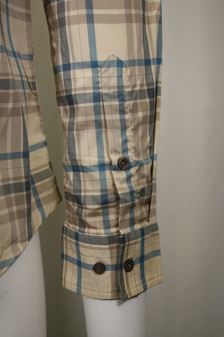 PrAna Men's Cream Brown Blue Plaid L/S Woven Shirt (S51) 6 PrAna Men's Cream Brown Blue Plaid L/S Woven Shirt (S51)