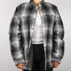 Carhartt Women's Black Grey White Plaid Snap On Button Sherpa Lined Shirt Jacket Long Sleeve