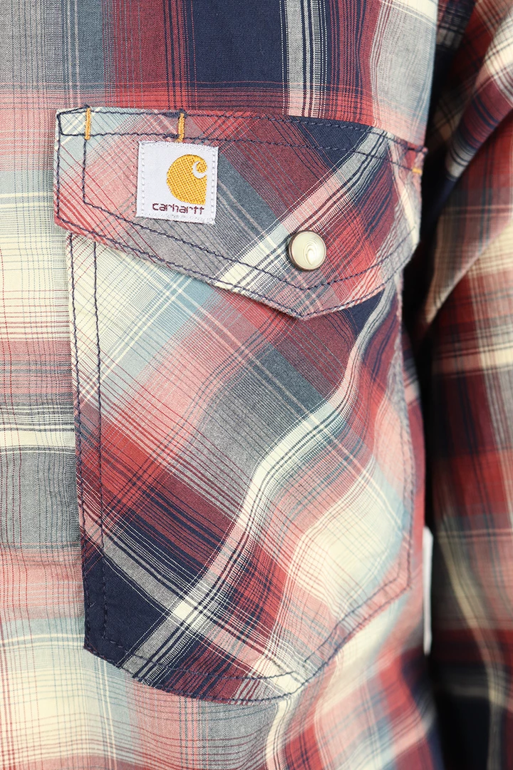 Carhartt Men's Red Navy Cream Plaid Relaxed Fit Snap Front L/S Woven Shirt (S18) New Arrivals 6 Carhartt Men's Red Navy Cream Plaid Relaxed Fit Snap Front L/S Woven Shirt (S18) New Arrivals