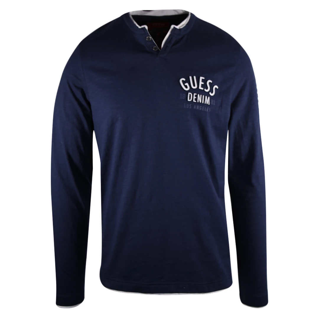 Mens Guess Men's Navy Culkin Slit Henley L/S T-Shirt (Size S & M) 3 Mens Guess Men's Navy Culkin Slit Henley L/S T-Shirt (Size S & M)
