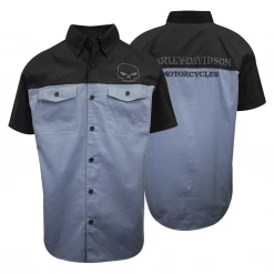 Harley-Davidson Men's Black Blue Two Tone Skull S/S Woven Shirt (S31)