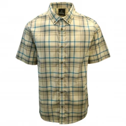 PrAna Men's Beige Blue Brown Plaid S/S Woven Shirt (S09)