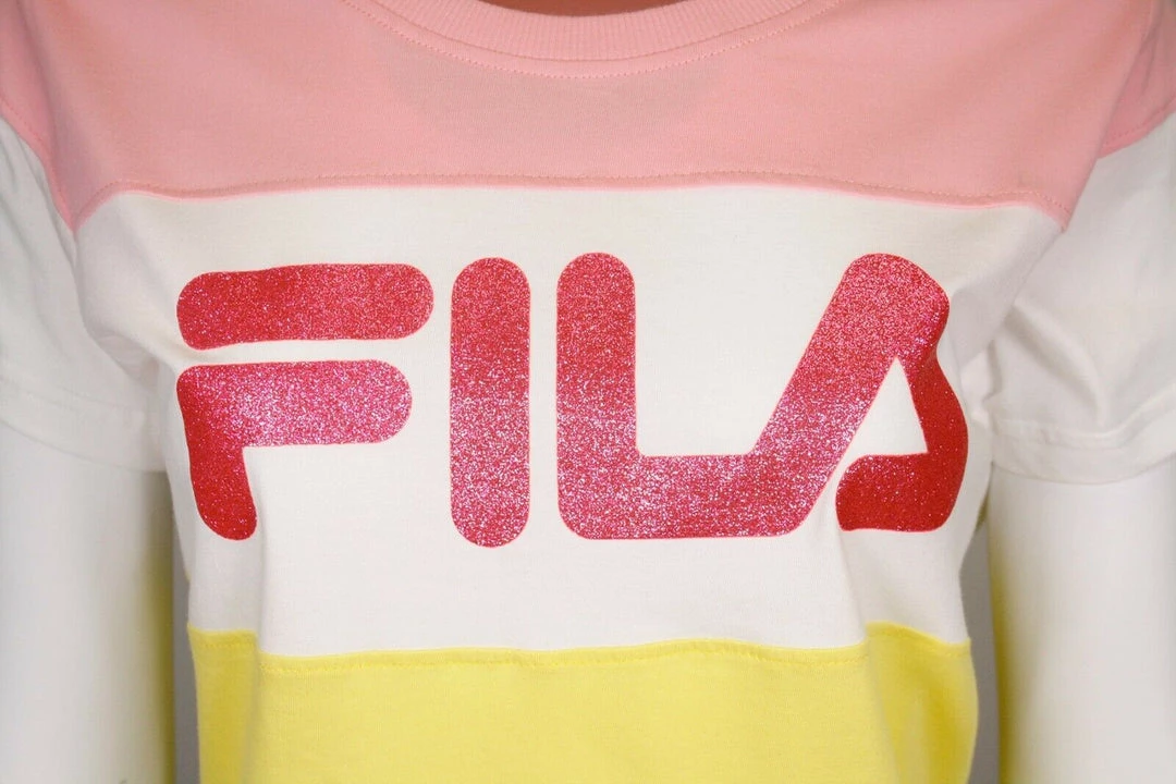 FILA Women's Pink & Yellow Three-Tone Glittered Logo S/S T-Shirt (S11) 6 FILA Women's Pink & Yellow Three-Tone Glittered Logo S/S T-Shirt (S11)