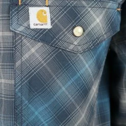 Carhartt Men's Navy Cerulean Blue Grey Plaid Snap Front L/S Woven Shirt (S06) New Arrivals