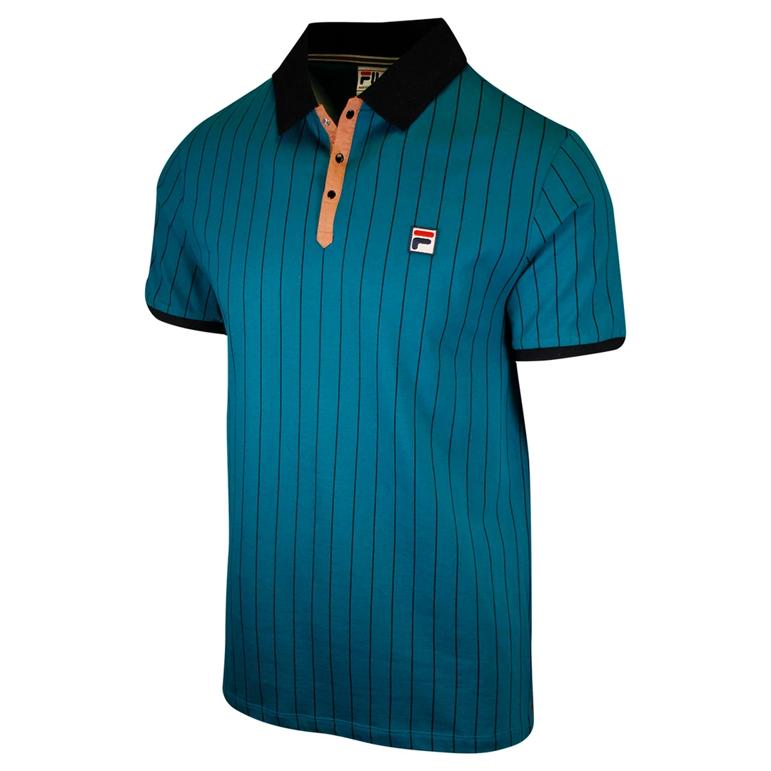 FILA Men's Teal Brown Striped Snap On F-Box S/S Polo T-Shirt (S37) 4 FILA Men's Teal Brown Striped Snap On F-Box S/S Polo T-Shirt (S37)