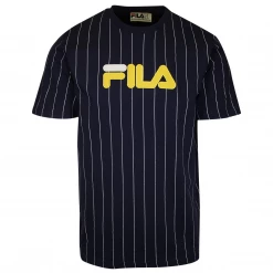 FILA Men's Navy Blue & White Striped Yellow Logo S/S T-Shirt (166) (Size S)