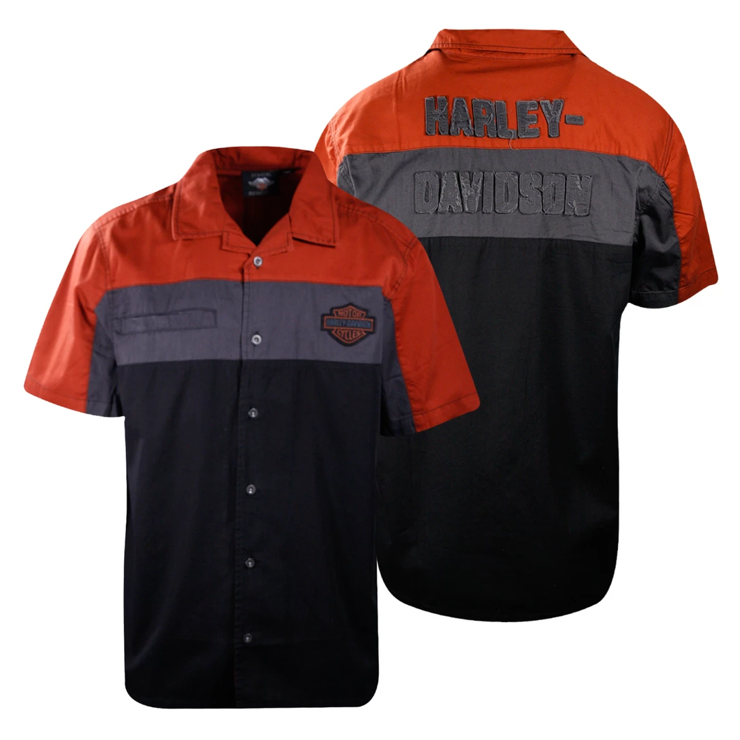 Harley-Davidson Men's Three Tone Red Grey Black S/S Woven Shirt (S28) 3 Harley-Davidson Men's Three Tone Red Grey Black S/S Woven Shirt (S28)