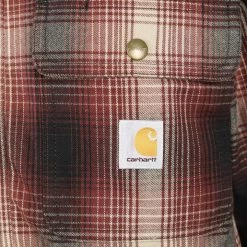 Mens Carhartt Men's Maroon, Black, Gray Plaid Snap Front Sherpa-Lined L/S Jacket