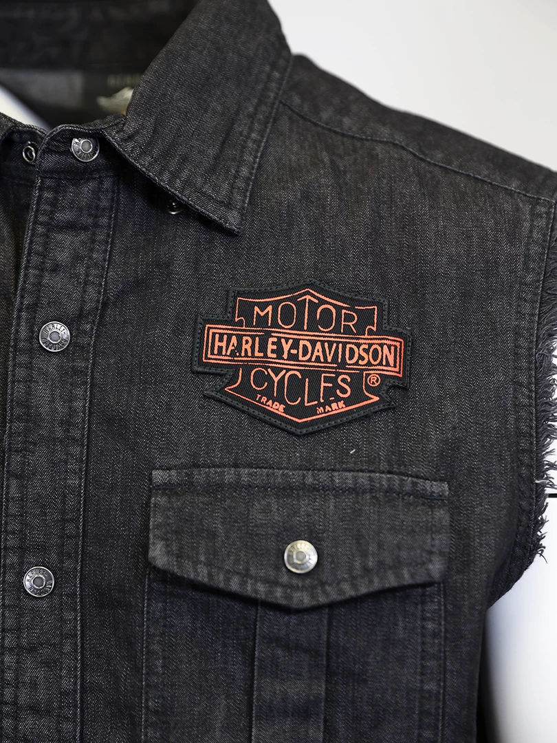 Harley-Davidson Men's Charcoal Denim Orange Logo Badge Sleeveless Vest (S01) 6 Harley-Davidson Men's Charcoal Denim Orange Logo Badge Sleeveless Vest (S01)