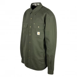 Carhartt Men's Olive Green Flannel Lined Snap On Button Collared L/S Jacket Mens