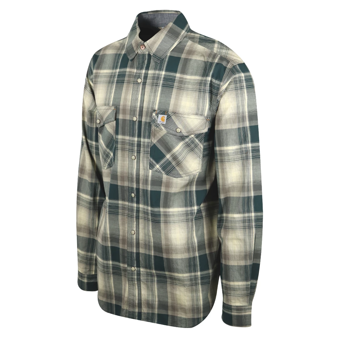 Carhartt Men's Forrest Green Cream Plaid Snap Front L/S Woven Shirt (S16) 4 Carhartt Men's Forrest Green Cream Plaid Snap Front L/S Woven Shirt (S16)