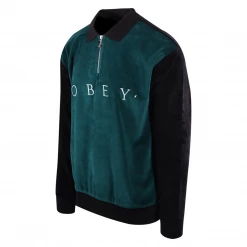 Obey Men's Forrest Green Black Velour 1/4 Zip L/S Polo Sweater New Arrivals