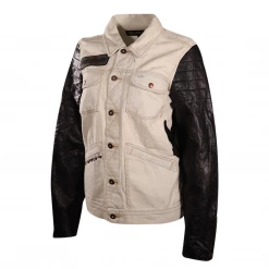 Harley-Davidson Women's Cream Denim Leather Sleeves Button Up Jacket