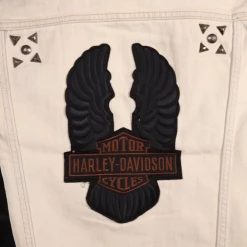 Harley-Davidson Women's Cream Denim Leather Sleeves Button Up Jacket